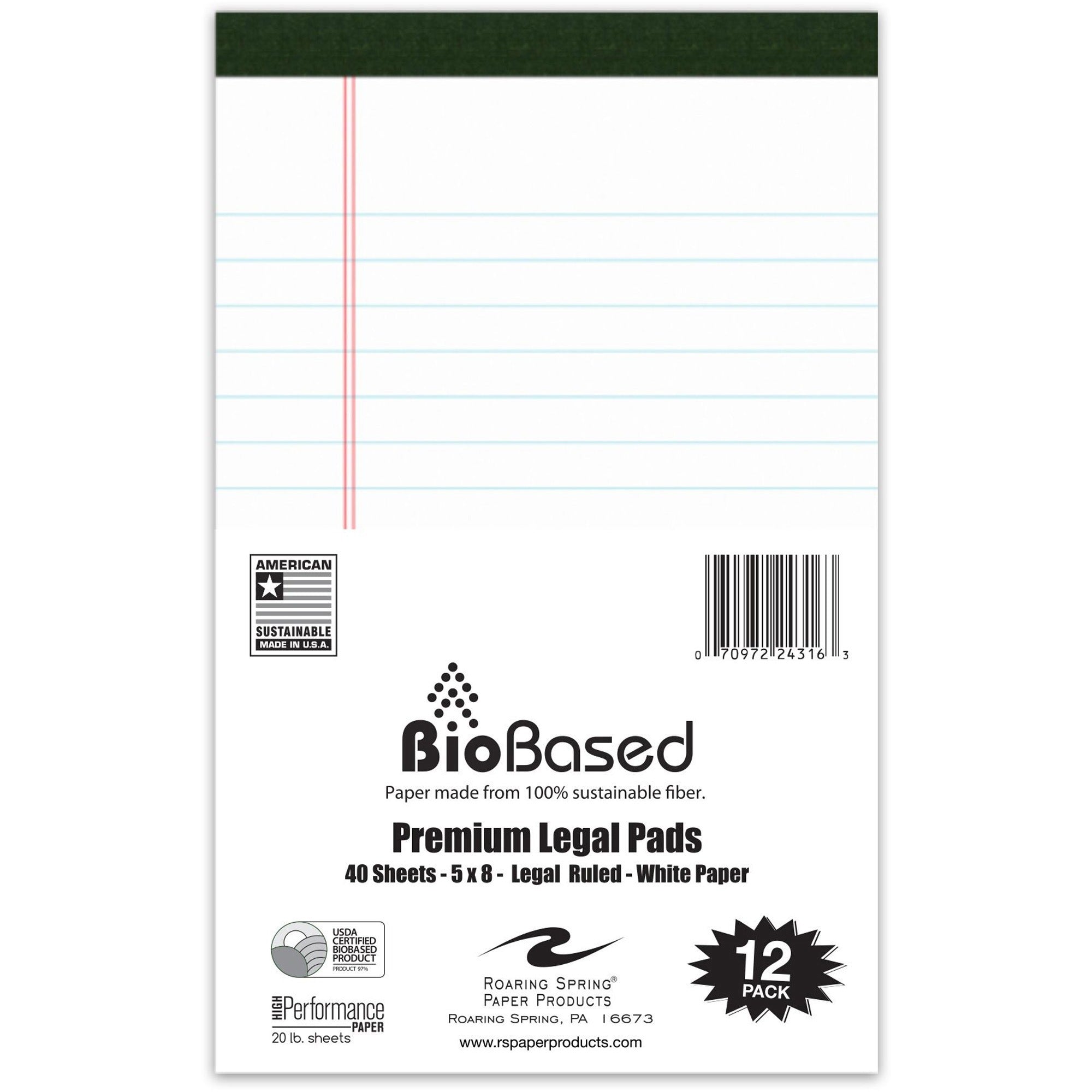 Roaring Spring USDA Certified Bio-Preferred Junior Size Legal Pads - 