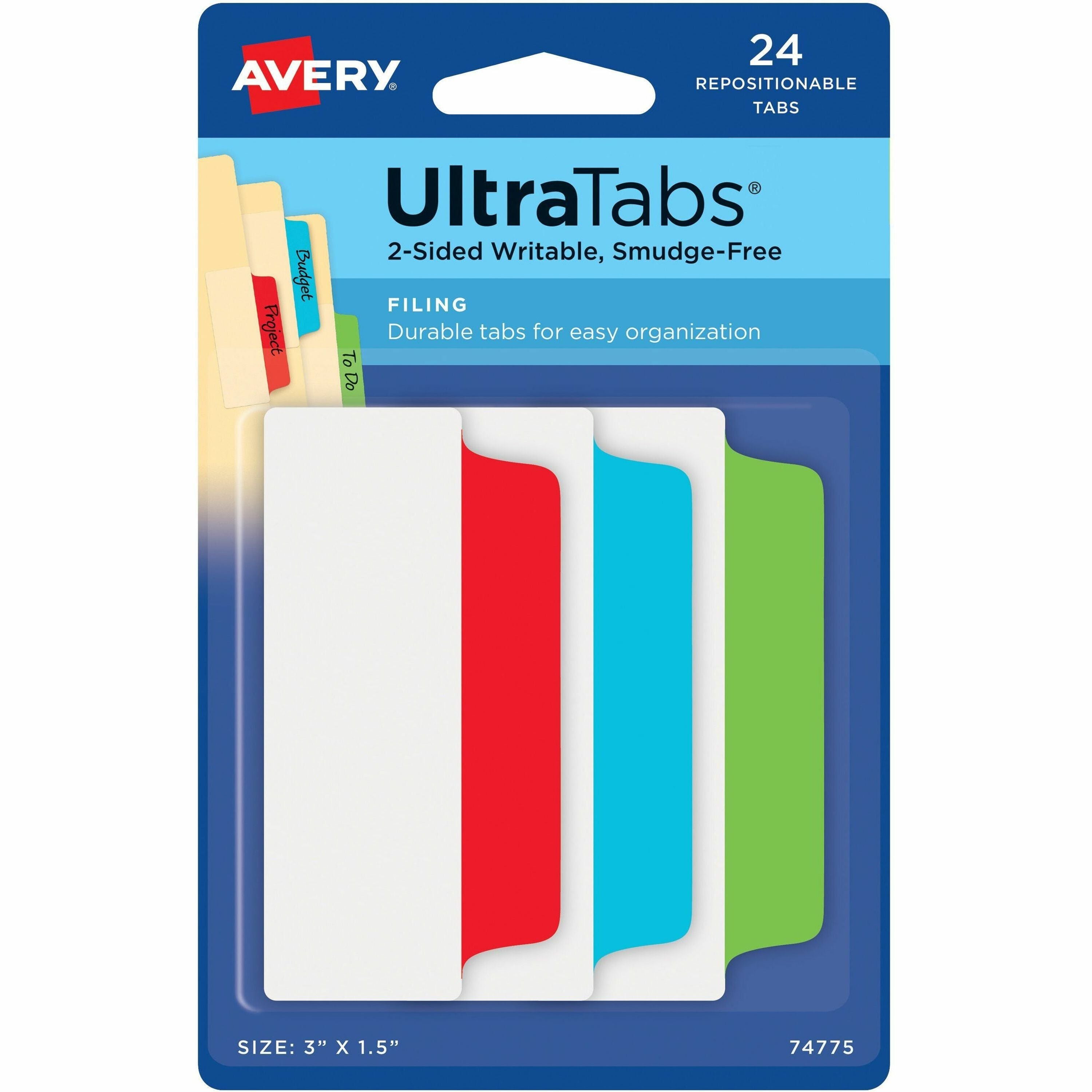 Ultra Tabs Repositionable Tabs, Wide and Slim: 3" x 1.5", 1/3-Cut, Assorted Colors, 24/Pack