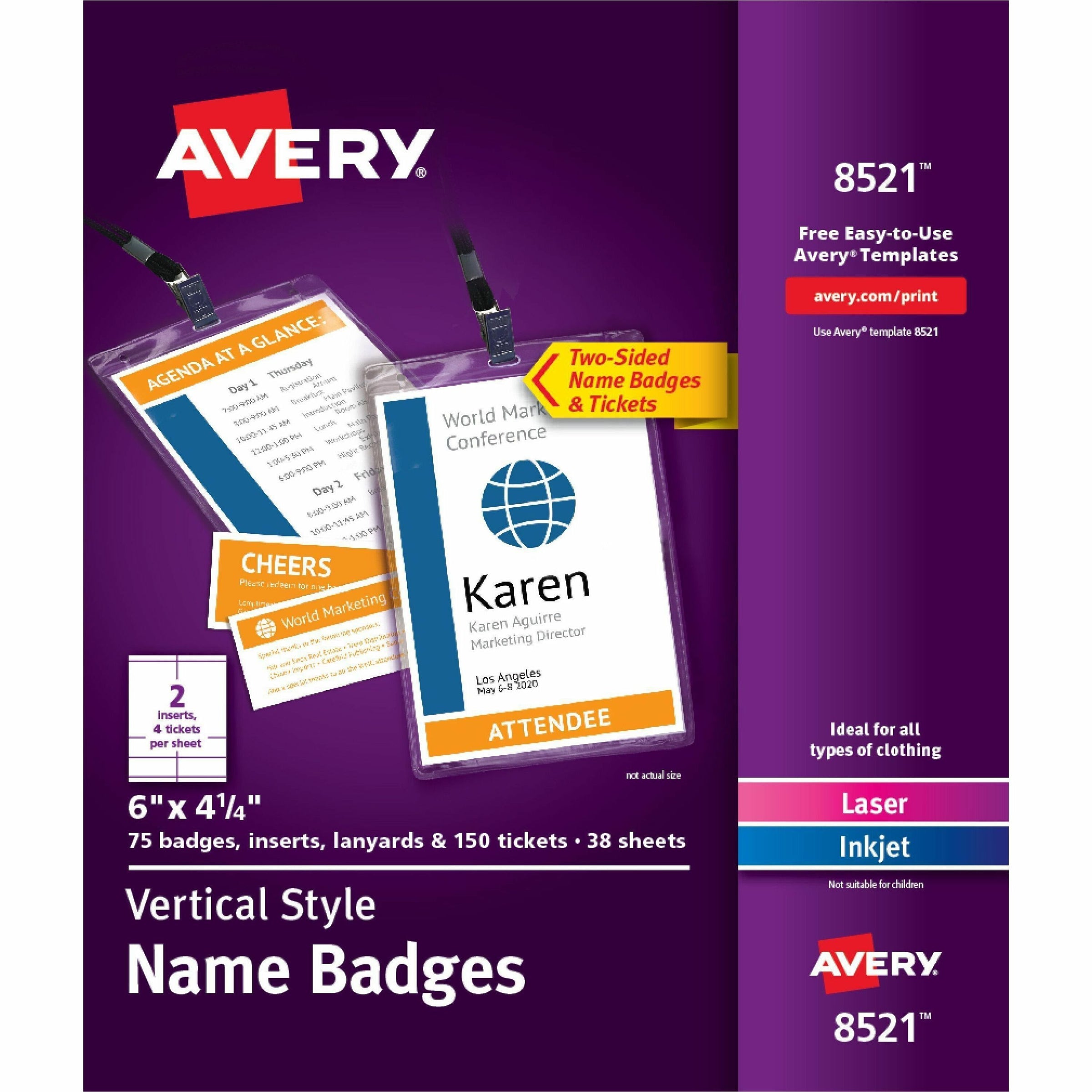 Lanyard-Style Badge Holder w/Laser/Inkjet Inserts, Top Load, 4.25 x 6, WE, 75/PK