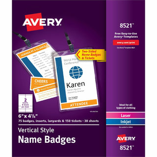 Lanyard-Style Badge Holder w/Laser/Inkjet Inserts, Top Load, 4.25 x 6, WE, 75/PK