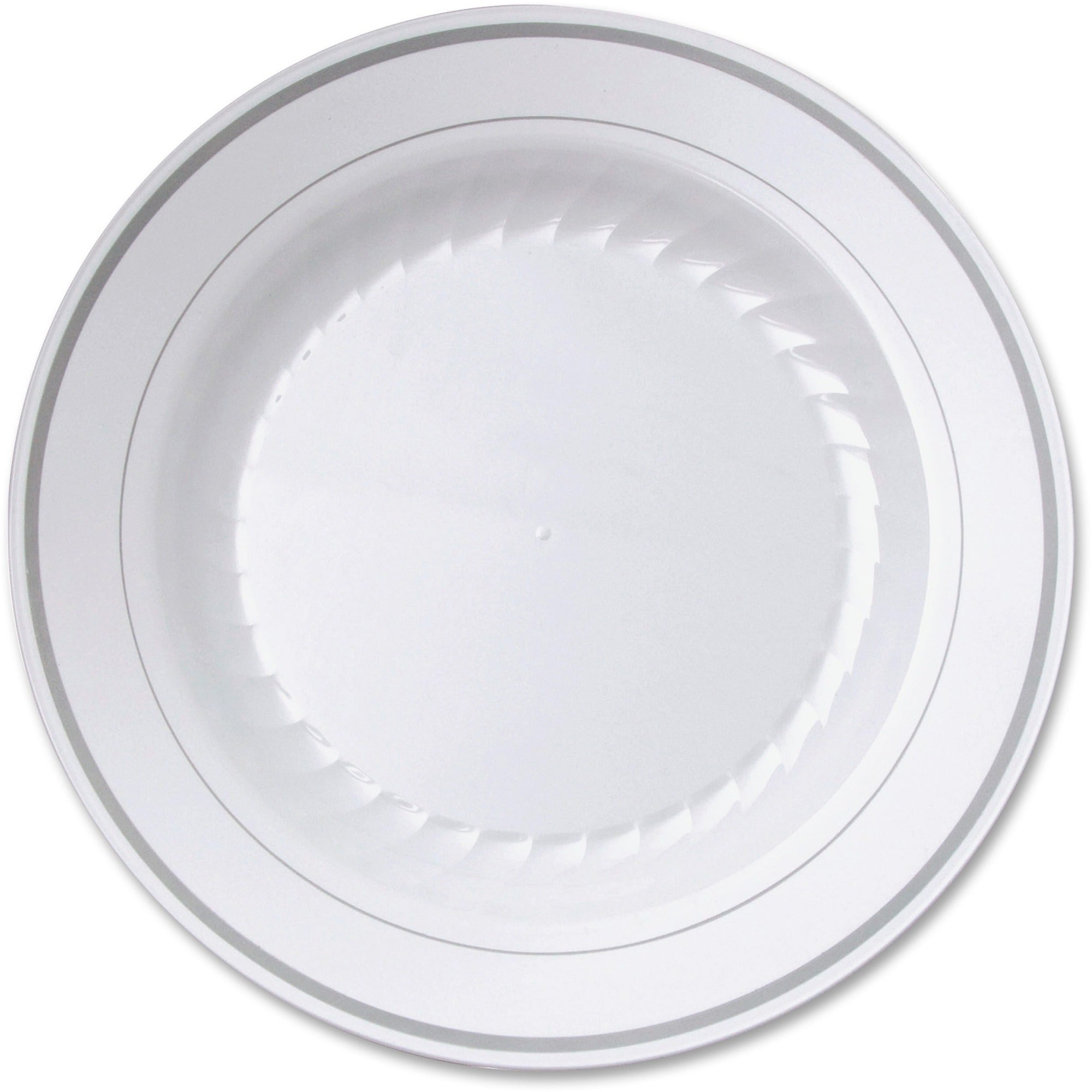 Masterpiece 9" Heavyweight Plates - 10 / Pack - Picnic, Party - Disposable - White - Plastic Body - 12 / Carton