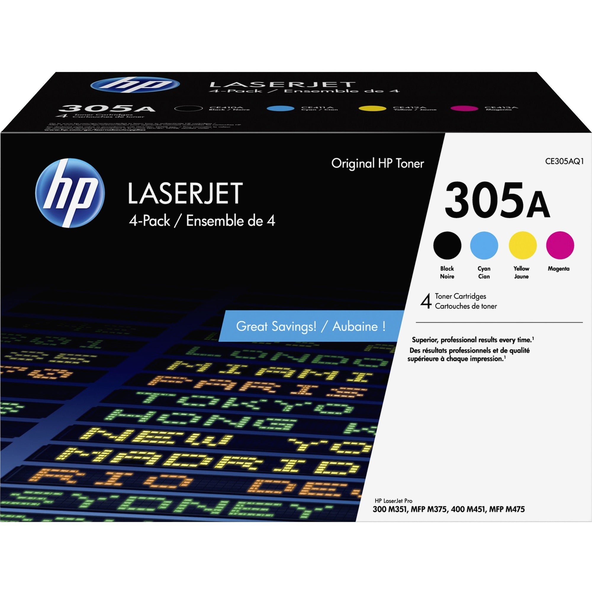 HP 305A (CE305AQ1) Original Laser Toner Cartridge - Combo Pack - Black, Cyan, Magenta, Yellow - 4 / Carton - 1520 Pages Black, 1800 Pages Cyan, 1800 Pages Magenta, 1800 Pages Yellow