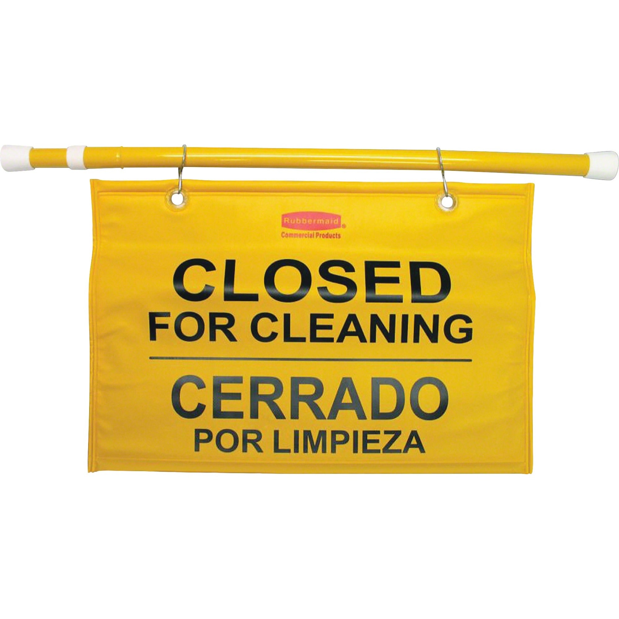 rubbermaid-commercial-multilingual-closed-for-cleaning-safety-signs-6-carton-english-french-spanish-closed-for-cleaning-print-message-50-width-x-13-height-x-1-depth-durable-yellow_rcp9s1600ylct - 1