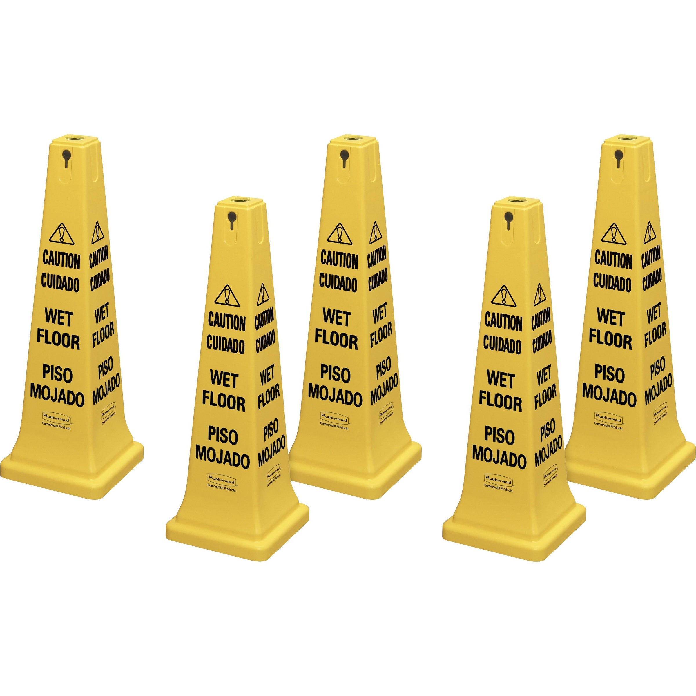 Rubbermaid Commercial 36" Safety Cone - 5 / Carton - Spanish, English - Caution, Wet Floor Print/Message - 12.2" Width x 36" Height x 12.2" Depth - Cone Shape - Stackable, Sturdy - Plastic - Bright Yellow