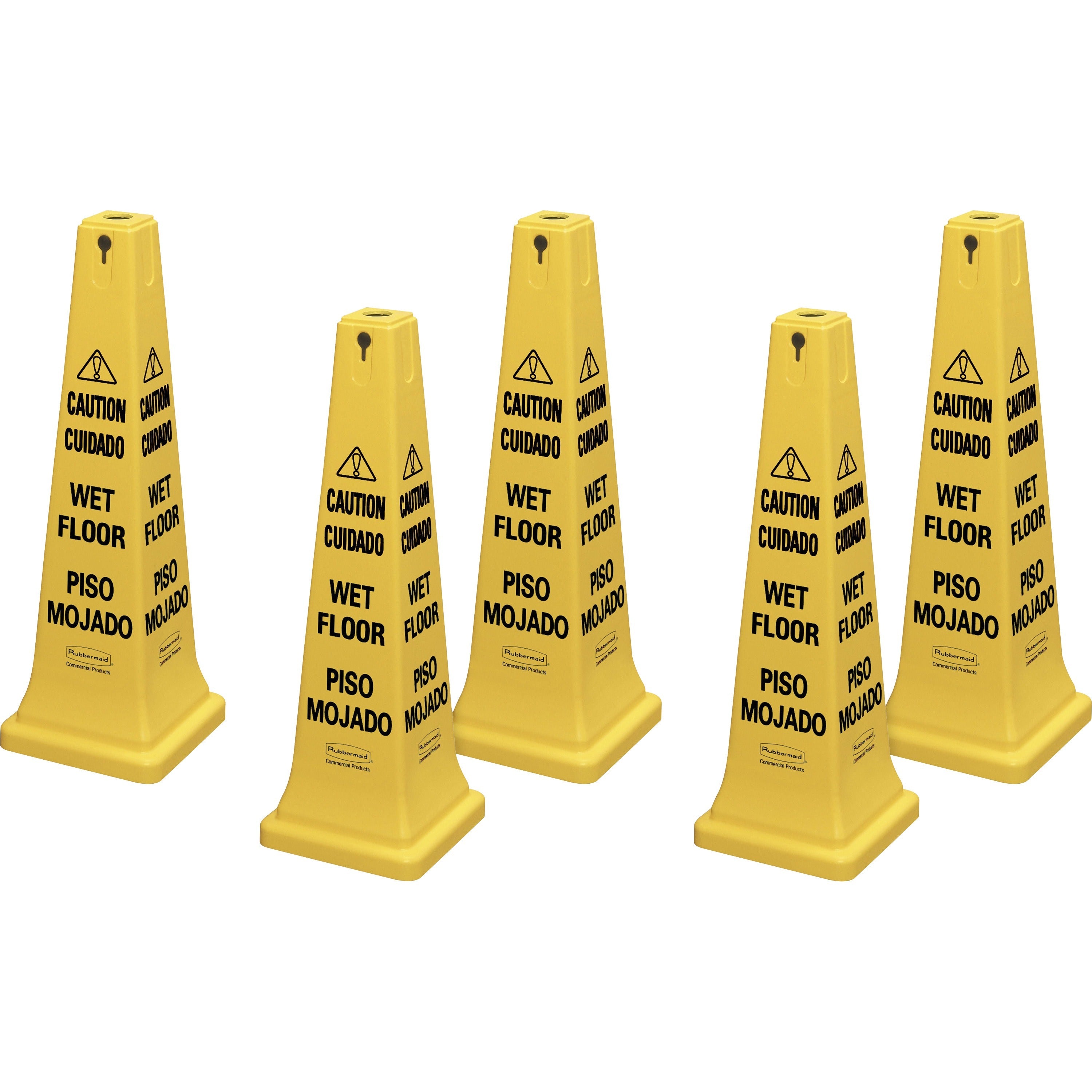 Rubbermaid Commercial 36" Safety Cone - 5 / Carton - Spanish, English - Caution, Wet Floor Print/Message - 12.2" Width x 36" Height x 12.2" Depth - Cone Shape - Stackable, Sturdy - Plastic - Bright Yellow