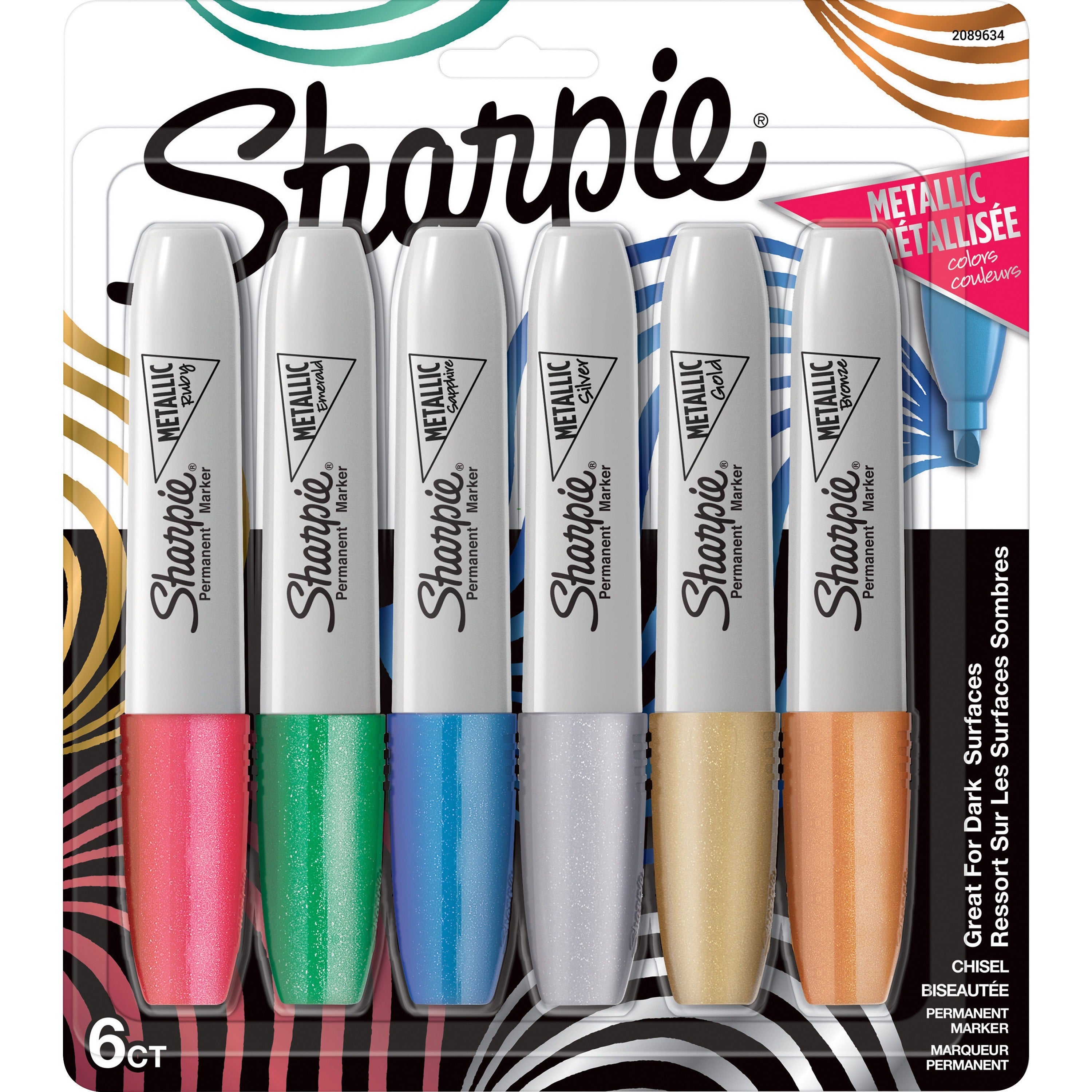 Metallic Chisel Tip Permanent Marker, Medium Chisel Tip, Assorted, 6/Pack