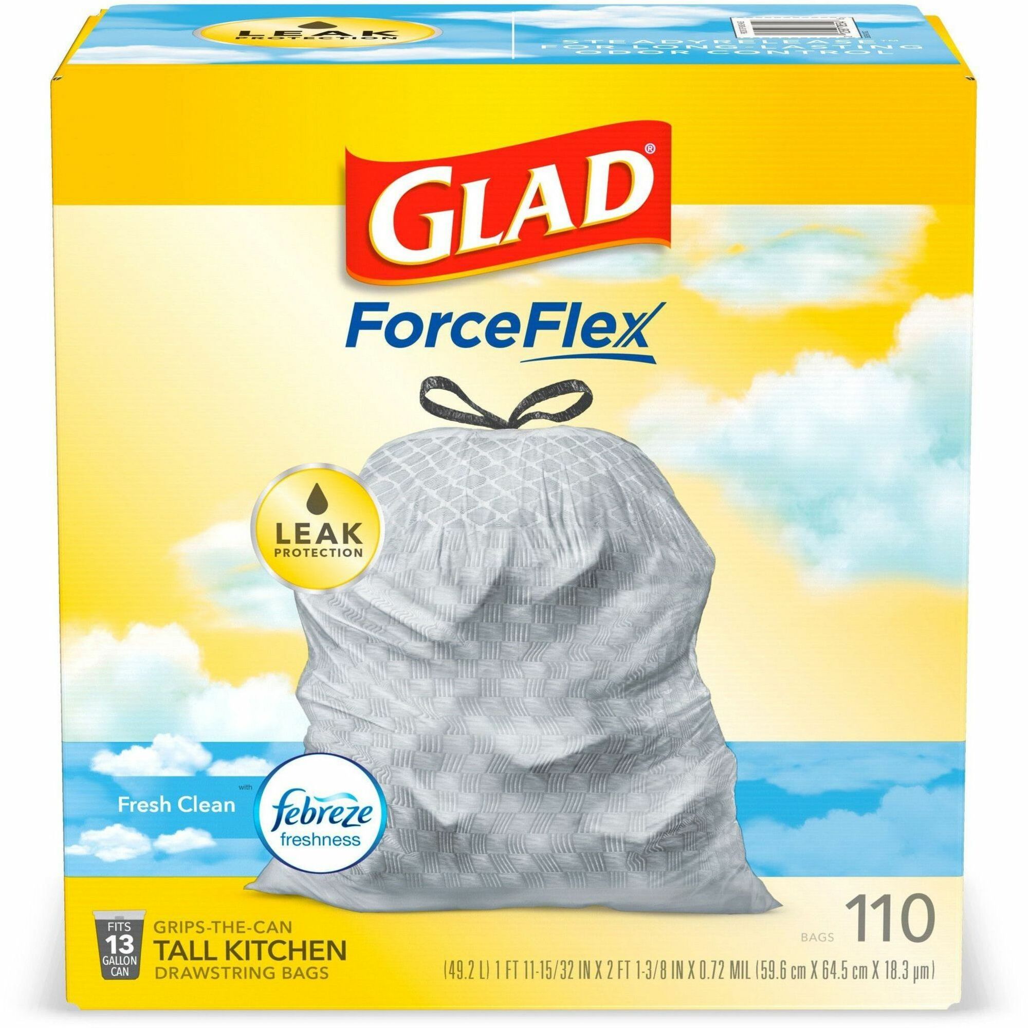 Glad ForceFlex Tall Kitchen Drawstring Trash Bags - Fresh Clean with Febreze Freshness - 13 gal Capacity - 23.75" Width x 25.38" Length - 0.72 mil (18 Micron) Thickness - Drawstring Closure - White - 1/Box - 110 Per Box - Home, Office - 1