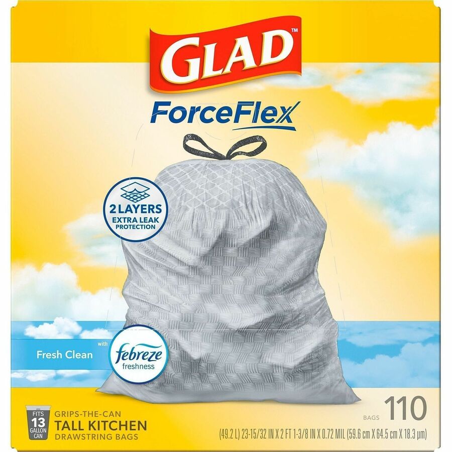 Glad ForceFlex Tall Kitchen Drawstring Trash Bags - Fresh Clean with Febreze Freshness - 13 gal Capacity - 23.75" Width x 25.38" Length - 0.72 mil (18 Micron) Thickness - Drawstring Closure - White - 1/Box - 110 Per Box - Home, Office
