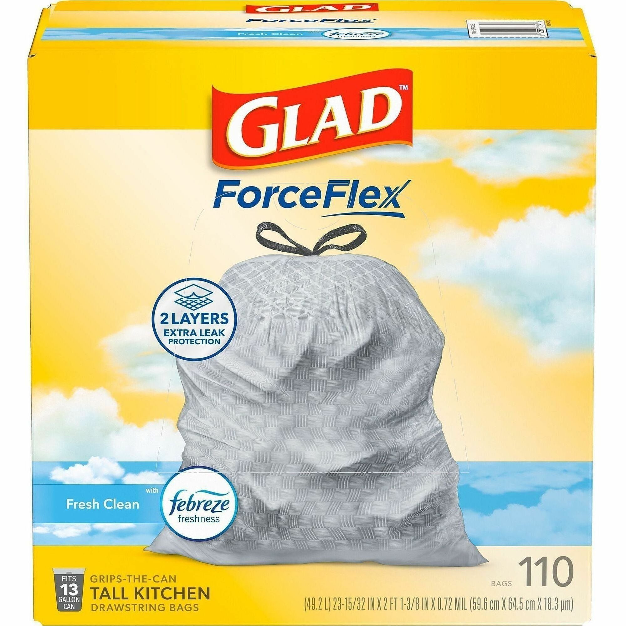 Glad ForceFlex Tall Kitchen Drawstring Trash Bags - Fresh Clean with Febreze Freshness - 13 gal Capacity - 23.75" Width x 25.38" Length - 0.72 mil (18 Micron) Thickness - Drawstring Closure - White - 1/Box - 110 Per Box - Home, Office
