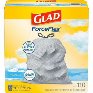 Glad ForceFlex Tall Kitchen Drawstring Trash Bags - Fresh Clean with Febreze Freshness - 13 gal Capacity - 23.75" Width x 25.38" Length - 0.72 mil (18 Micron) Thickness - Drawstring Closure - White - 1/Box - 110 Per Box - Home, Office