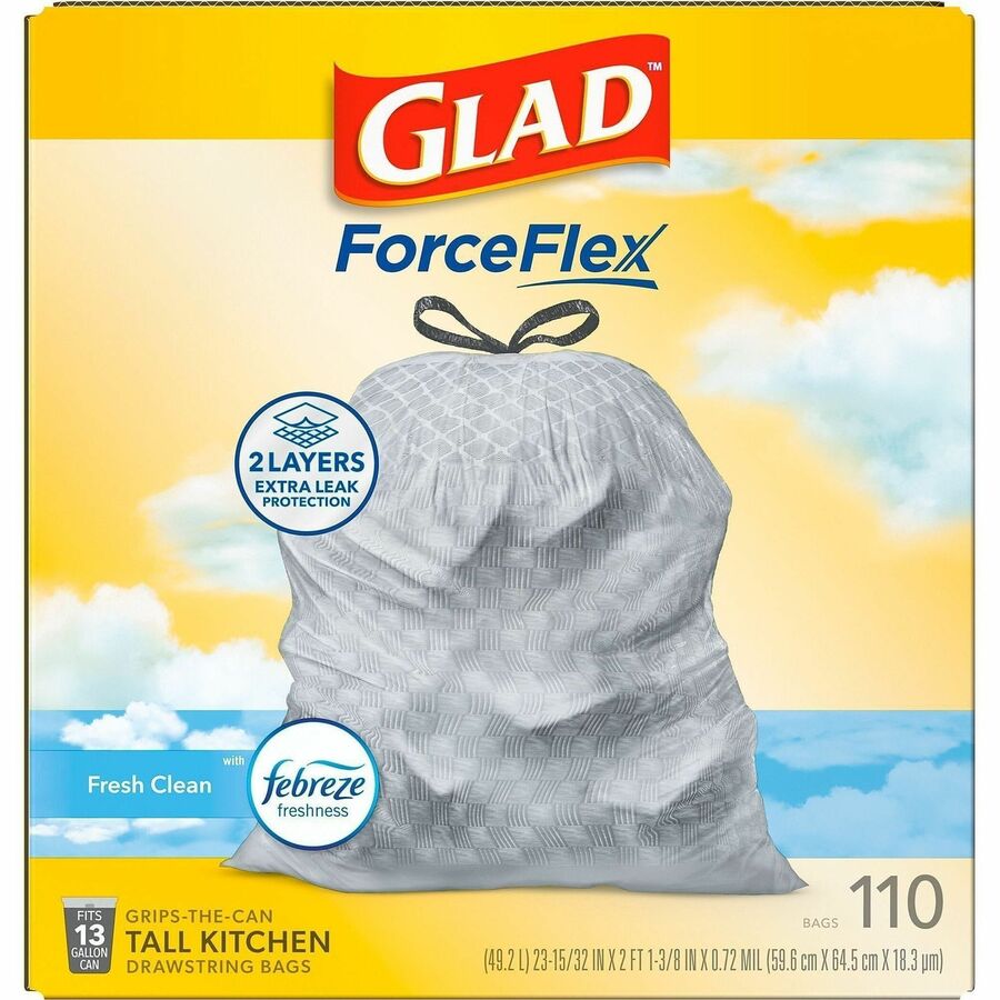 Glad ForceFlex Tall Kitchen Drawstring Trash Bags - Fresh Clean with Febreze Freshness - 13 gal Capacity - 23.75" Width x 25.38" Length - 0.72 mil (18 Micron) Thickness - Drawstring Closure - White - 1/Box - 110 Per Box - Home, Office