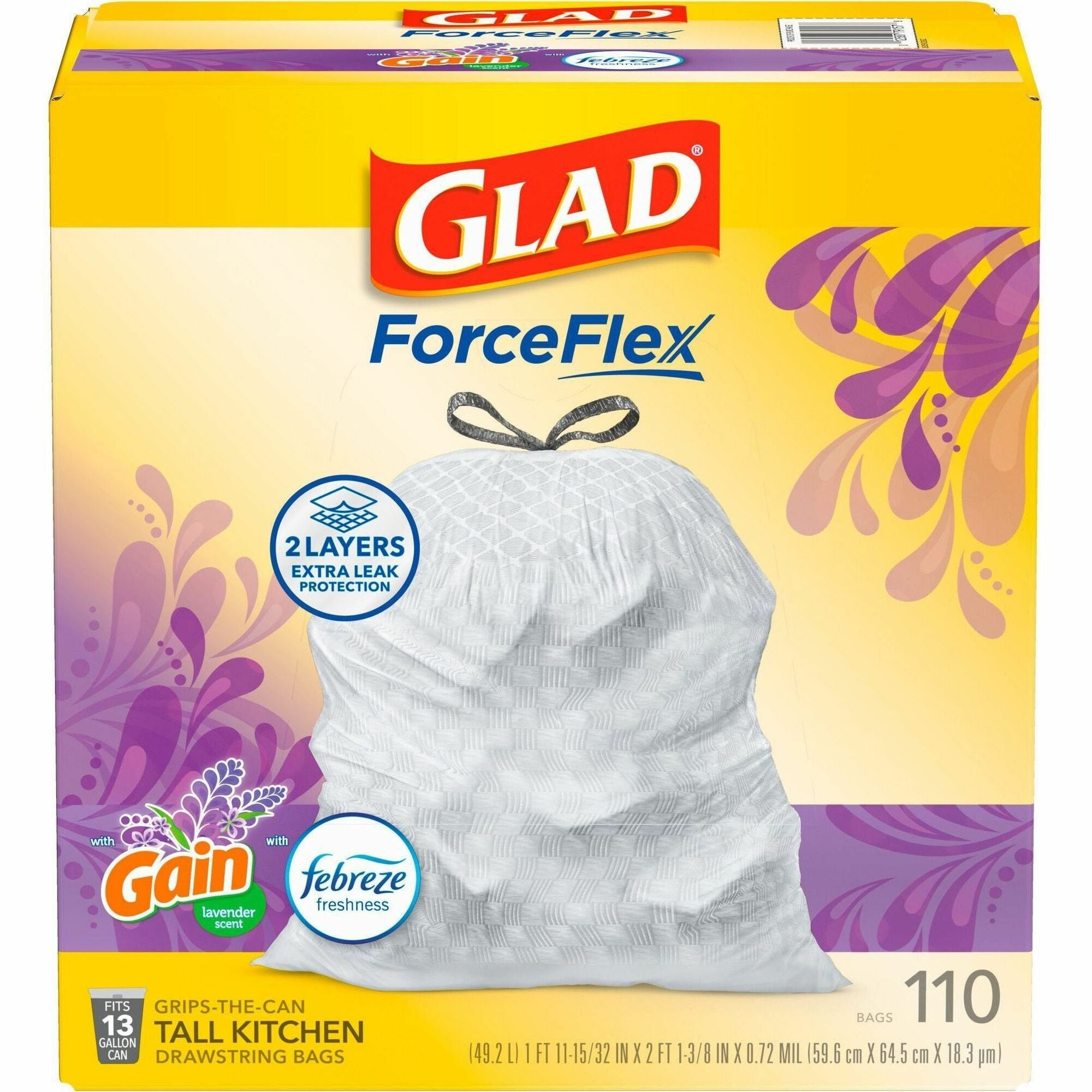 Glad ForceFlex Tall Kitchen Drawstring Trash Bags - Mediterranean Lavender with Febreze Freshness - 13 gal Capacity - 23.75" Width x 25.38" Length - 0.72 mil (18 Micron) Thickness - Drawstring Closure - White - 1/Box - 110 Per Box - Home, Office - 1