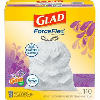 Glad ForceFlex Tall Kitchen Drawstring Trash Bags - Mediterranean Lavender with Febreze Freshness - 13 gal Capacity - 23.75" Width x 25.38" Length - 0.72 mil (18 Micron) Thickness - Drawstring Closure - White - 1/Box - 110 Per Box - Home, Office - 1