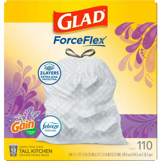 Glad ForceFlex Tall Kitchen Drawstring Trash Bags - Mediterranean Lavender with Febreze Freshness - 13 gal Capacity - 23.75" Width x 25.38" Length - 0.72 mil (18 Micron) Thickness - Drawstring Closure - White - 1/Box - 110 Per Box - Home, Office - 3