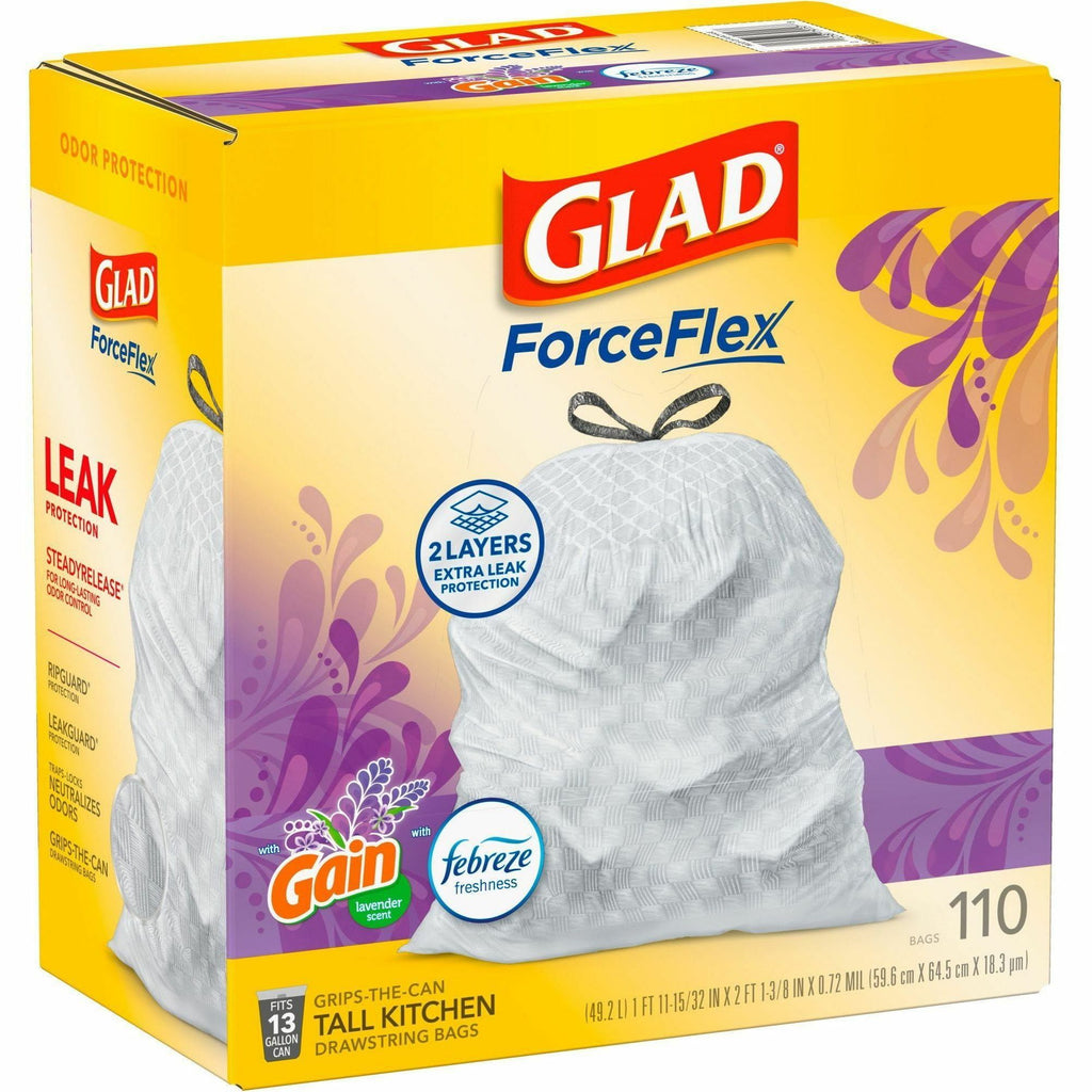 Glad ForceFlex Tall Kitchen Drawstring Trash Bags - Mediterranean Lavender with Febreze Freshness - 13 gal Capacity - 23.75" Width x 25.38" Length - 0.72 mil (18 Micron) Thickness - Drawstring Closure - White - 1/Box - 110 Per Box - Home, Office - 6