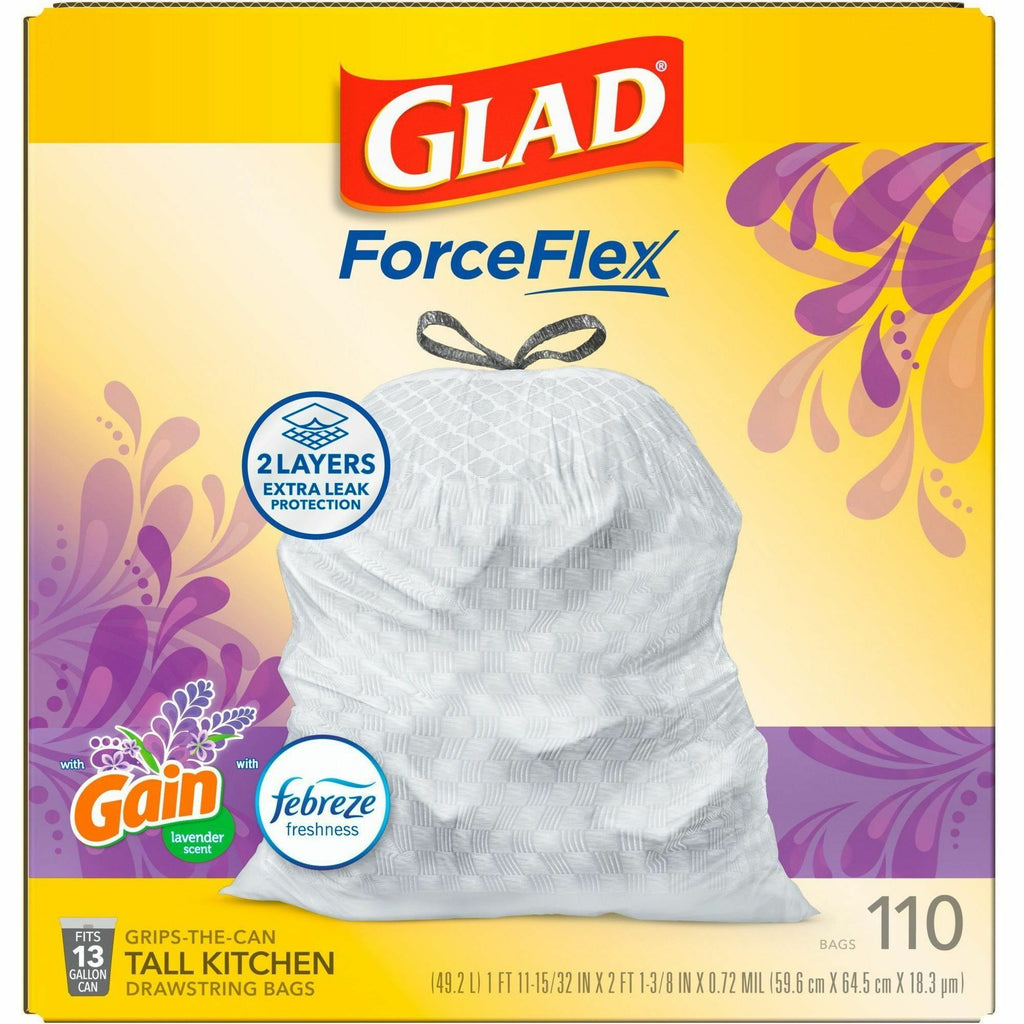 Glad ForceFlex Tall Kitchen Drawstring Trash Bags - Mediterranean Lavender with Febreze Freshness - 13 gal Capacity - 23.75" Width x 25.38" Length - 0.72 mil (18 Micron) Thickness - Drawstring Closure - White - 1/Box - 110 Per Box - Home, Office - 5