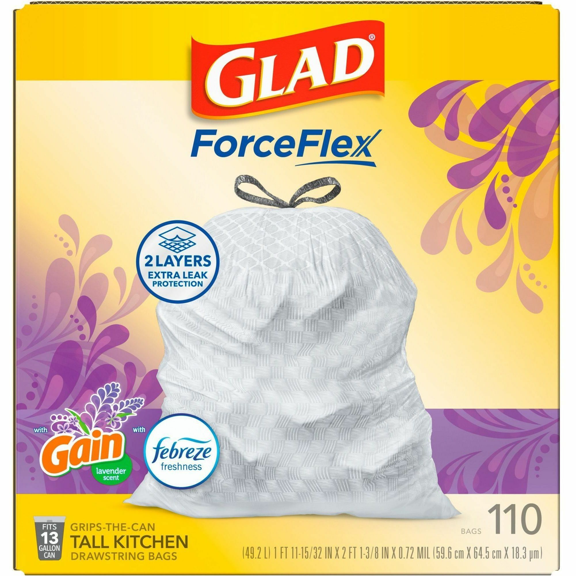 Glad ForceFlex Tall Kitchen Drawstring Trash Bags - Mediterranean Lavender with Febreze Freshness - 13 gal Capacity - 23.75" Width x 25.38" Length - 0.72 mil (18 Micron) Thickness - Drawstring Closure - White - 1/Box - 110 Per Box - Home, Office - 5