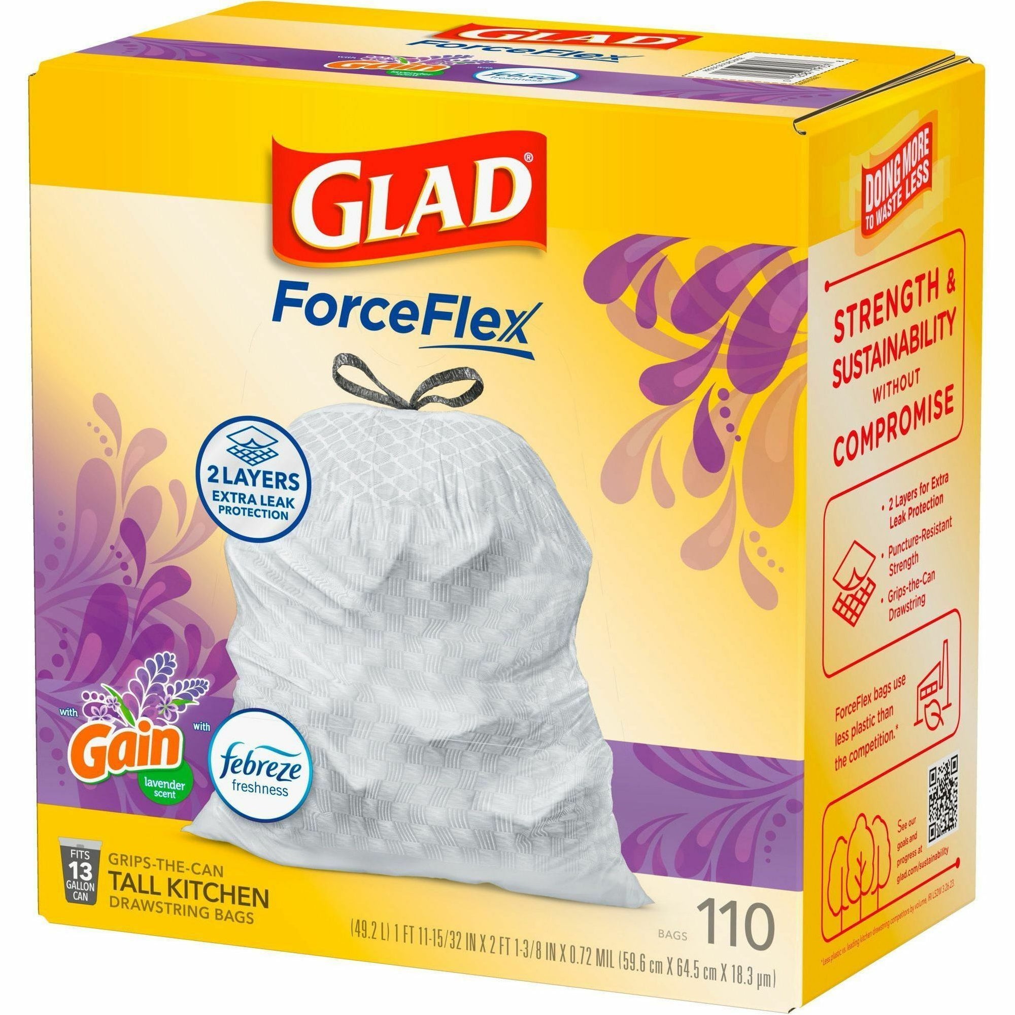 Glad ForceFlex Tall Kitchen Drawstring Trash Bags - Mediterranean Lavender with Febreze Freshness - 13 gal Capacity - 23.75" Width x 25.38" Length - 0.72 mil (18 Micron) Thickness - Drawstring Closure - White - 1/Box - 110 Per Box - Home, Office - 4