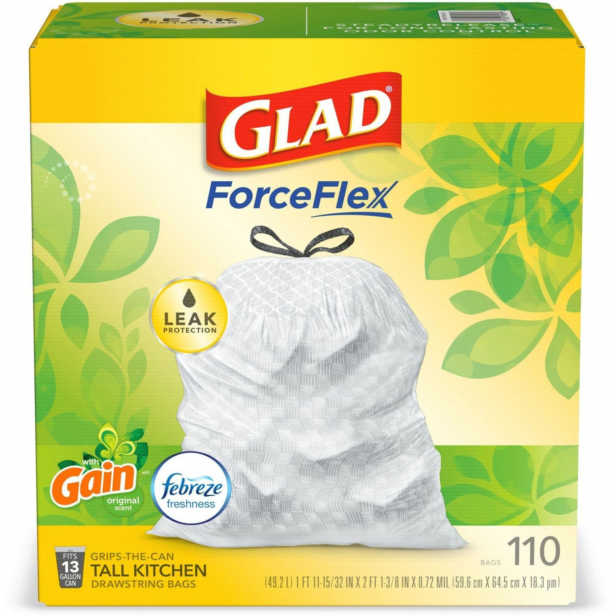 Glad ForceFlex Tall Kitchen Drawstring Trash Bags - Gain Original with Febreze Freshness - 13 gal Capacity - 25.38 ft Width x 33.75 ft Length - 0.72 mil (18 Micron) Thickness - Drawstring Closure - White - 110/Box - Home, Office, Kitchen, Breakroom - 1