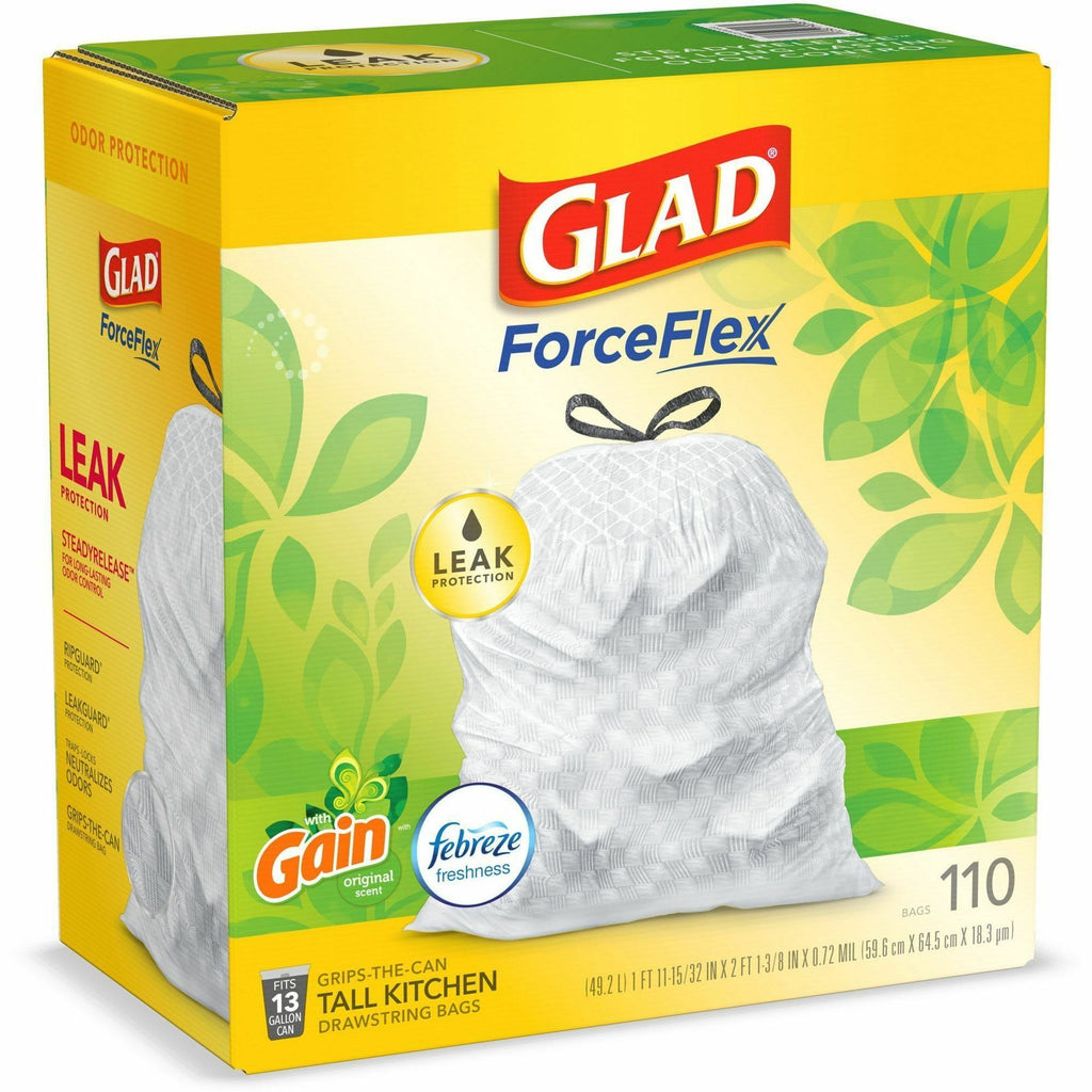 Glad ForceFlex Tall Kitchen Drawstring Trash Bags - Gain Original with Febreze Freshness - 13 gal Capacity - 25.38 ft Width x 33.75 ft Length - 0.72 mil (18 Micron) Thickness - Drawstring Closure - White - 110/Box - Home, Office, Kitchen, Breakroom - 6