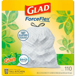 Glad ForceFlex Tall Kitchen Drawstring Trash Bags - Gain Original with Febreze Freshness - 13 gal Capacity - 25.38 ft Width x 33.75 ft Length - 0.72 mil (18 Micron) Thickness - Drawstring Closure - White - 110/Box - Home, Office, Kitchen, Breakroom