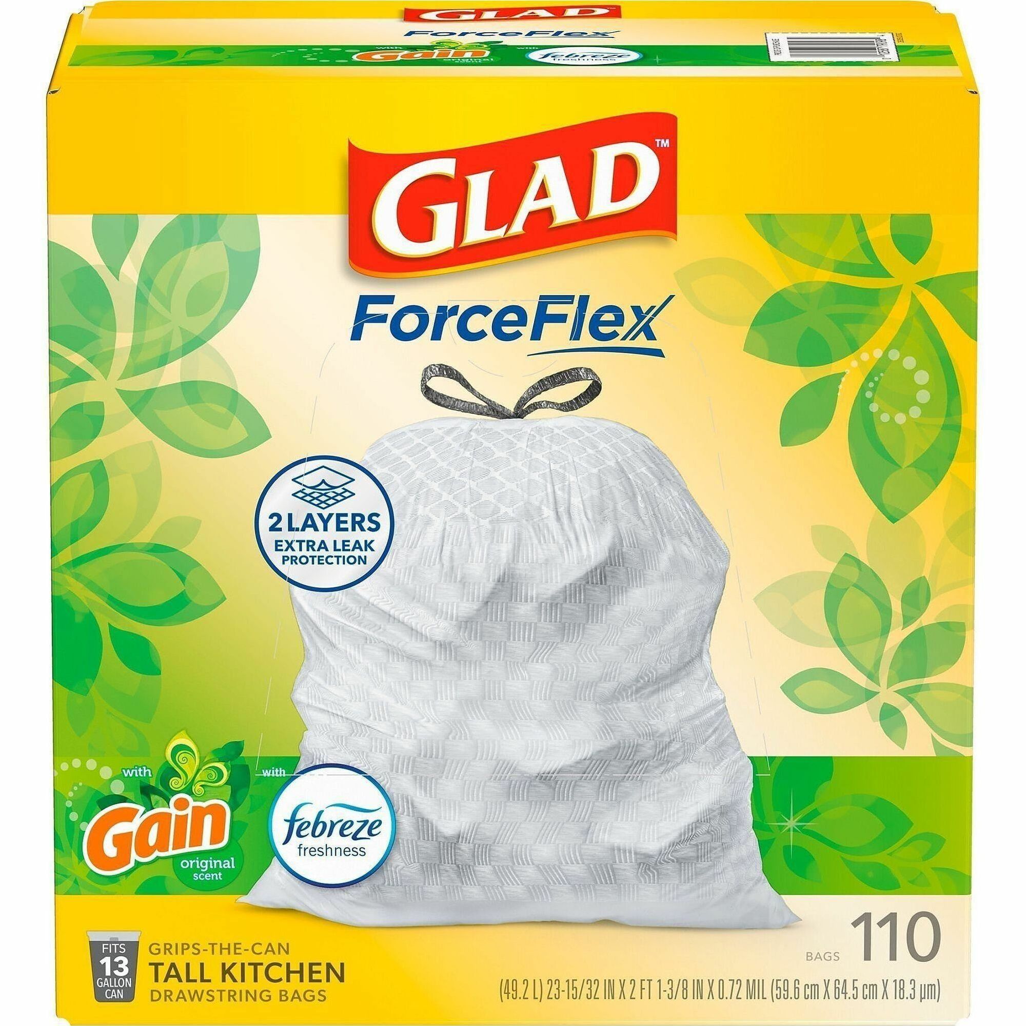 Glad ForceFlex Tall Kitchen Drawstring Trash Bags - Gain Original with Febreze Freshness - 13 gal Capacity - 25.38 ft Width x 33.75 ft Length - 0.72 mil (18 Micron) Thickness - Drawstring Closure - White - 110/Box - Home, Office, Kitchen, Breakroom