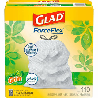 Glad ForceFlex Tall Kitchen Drawstring Trash Bags - Gain Original with Febreze Freshness - 13 gal Capacity - 25.38 ft Width x 33.75 ft Length - 0.72 mil (18 Micron) Thickness - Drawstring Closure - White - 110/Box - Home, Office, Kitchen, Breakroom