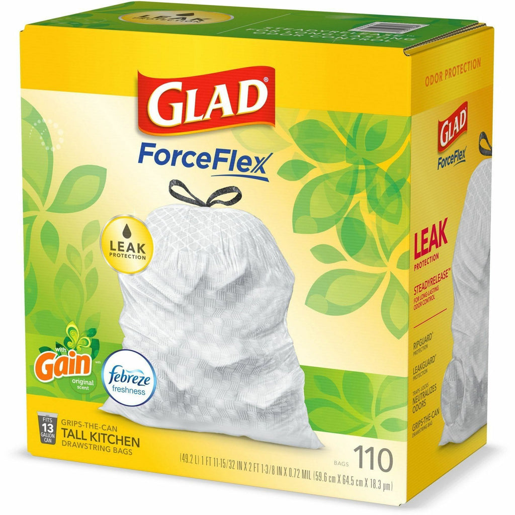Glad ForceFlex Tall Kitchen Drawstring Trash Bags - Gain Original with Febreze Freshness - 13 gal Capacity - 25.38 ft Width x 33.75 ft Length - 0.72 mil (18 Micron) Thickness - Drawstring Closure - White - 110/Box - Home, Office, Kitchen, Breakroom - 4
