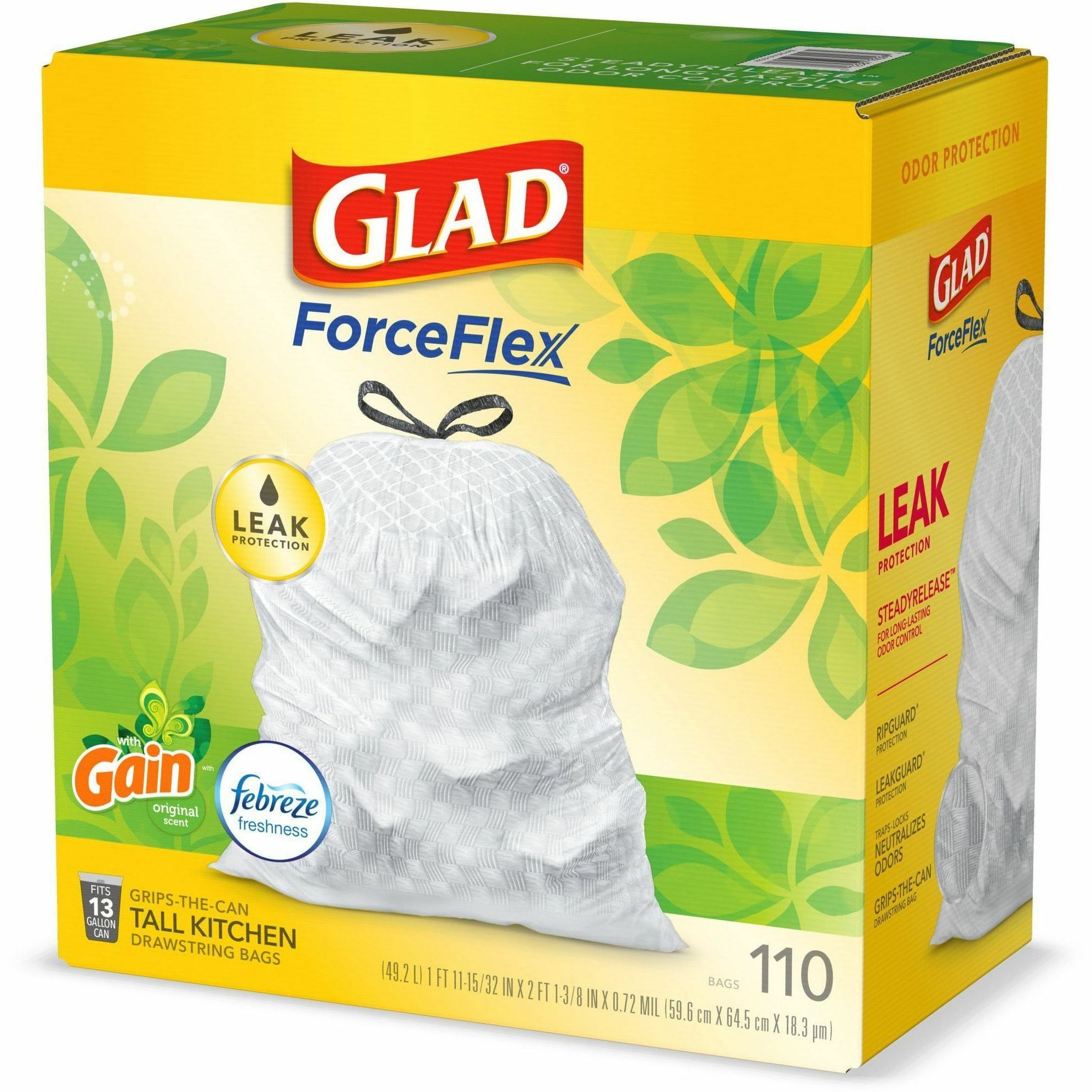 Glad ForceFlex Tall Kitchen Drawstring Trash Bags - Gain Original with Febreze Freshness - 13 gal Capacity - 25.38 ft Width x 33.75 ft Length - 0.72 mil (18 Micron) Thickness - Drawstring Closure - White - 110/Box - Home, Office, Kitchen, Breakroom - 4