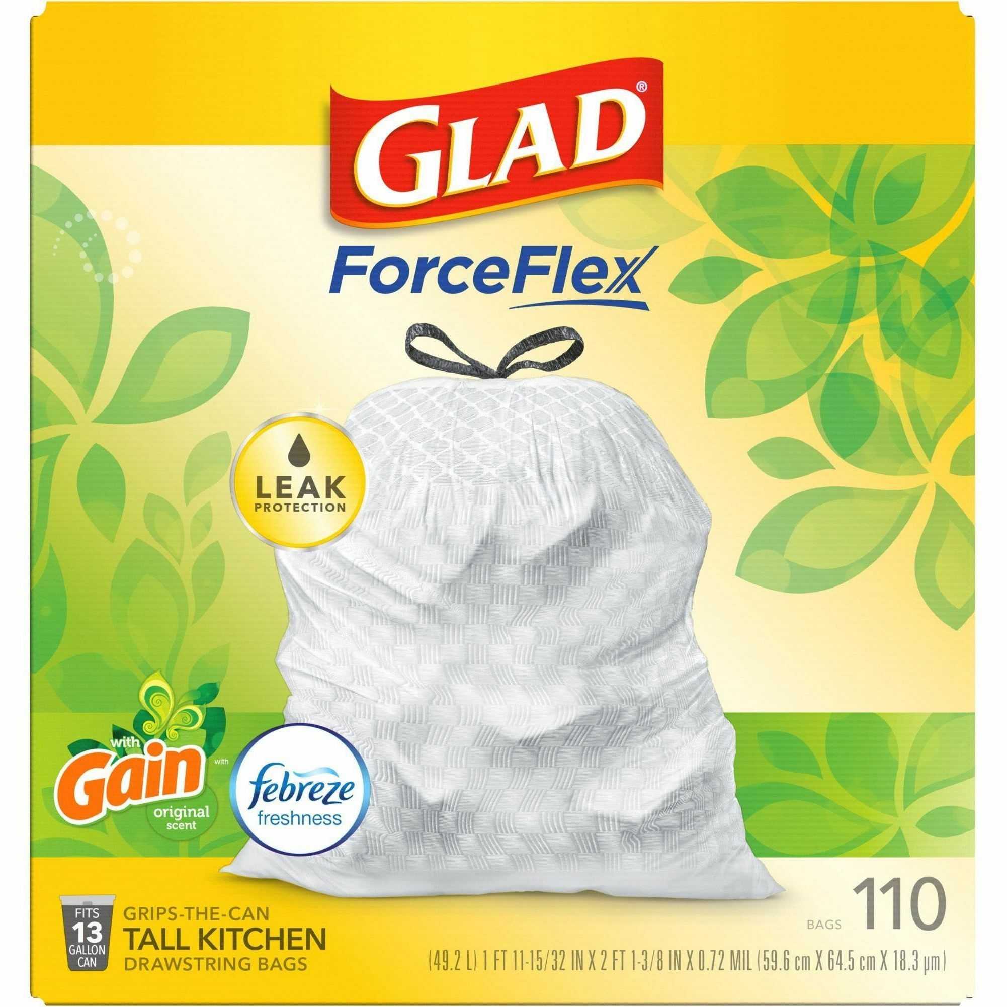 Glad ForceFlex Tall Kitchen Drawstring Trash Bags - Gain Original with Febreze Freshness - 13 gal Capacity - 25.38 ft Width x 33.75 ft Length - 0.72 mil (18 Micron) Thickness - Drawstring Closure - White - 110/Box - Home, Office, Kitchen, Breakroom - 3