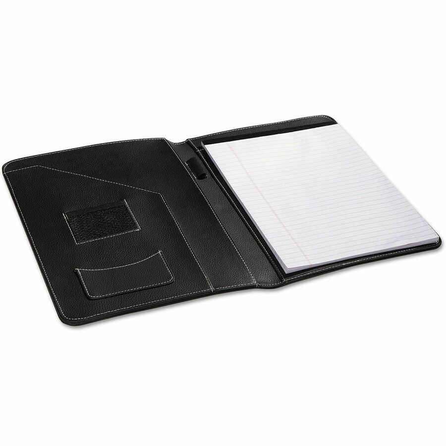 Leather-Look Pad Folio, Inside Flap Pocket w/Card Holder, Black