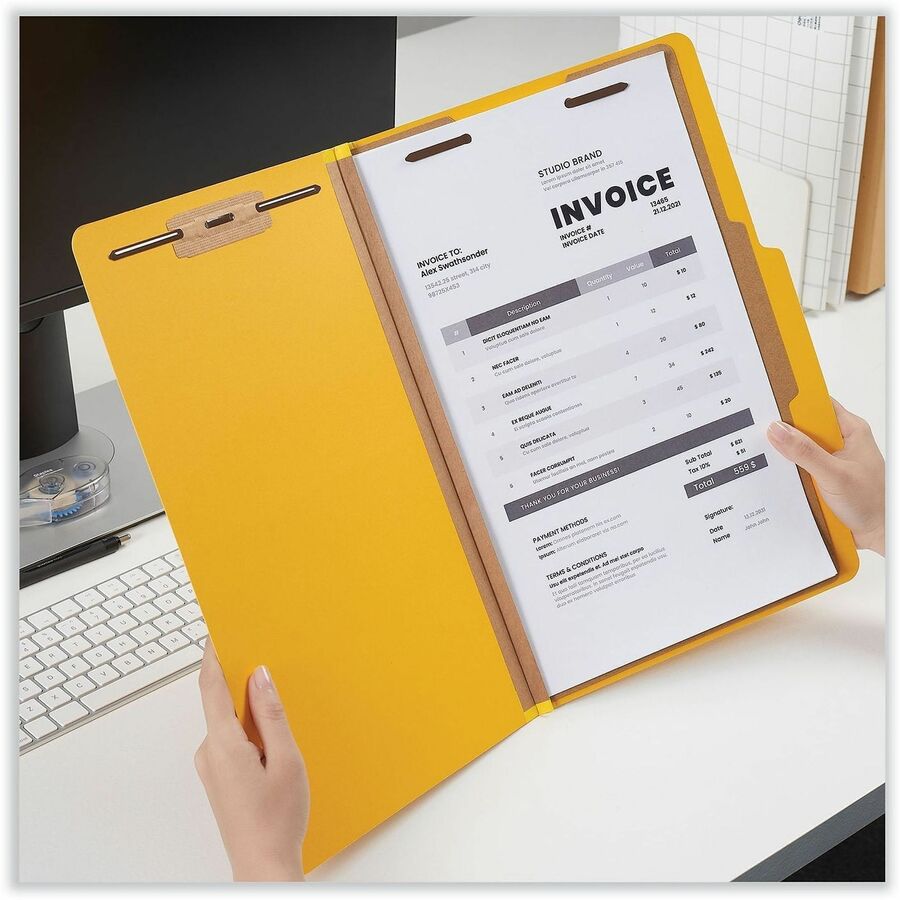 Bright Colored Pressboard Classification Folders, 2" Expansion, 1 Divider, 4 Fasteners, Legal Size, Yellow Exterior, 10/Box