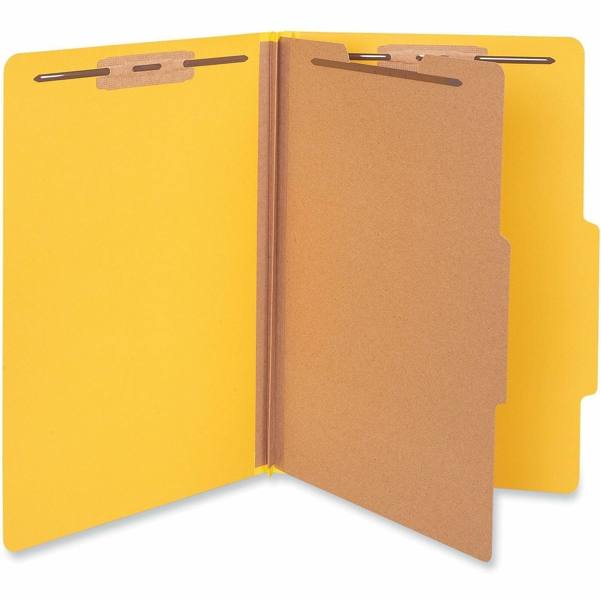 Bright Colored Pressboard Classification Folders, 2" Expansion, 1 Divider, 4 Fasteners, Legal Size, Yellow Exterior, 10/Box