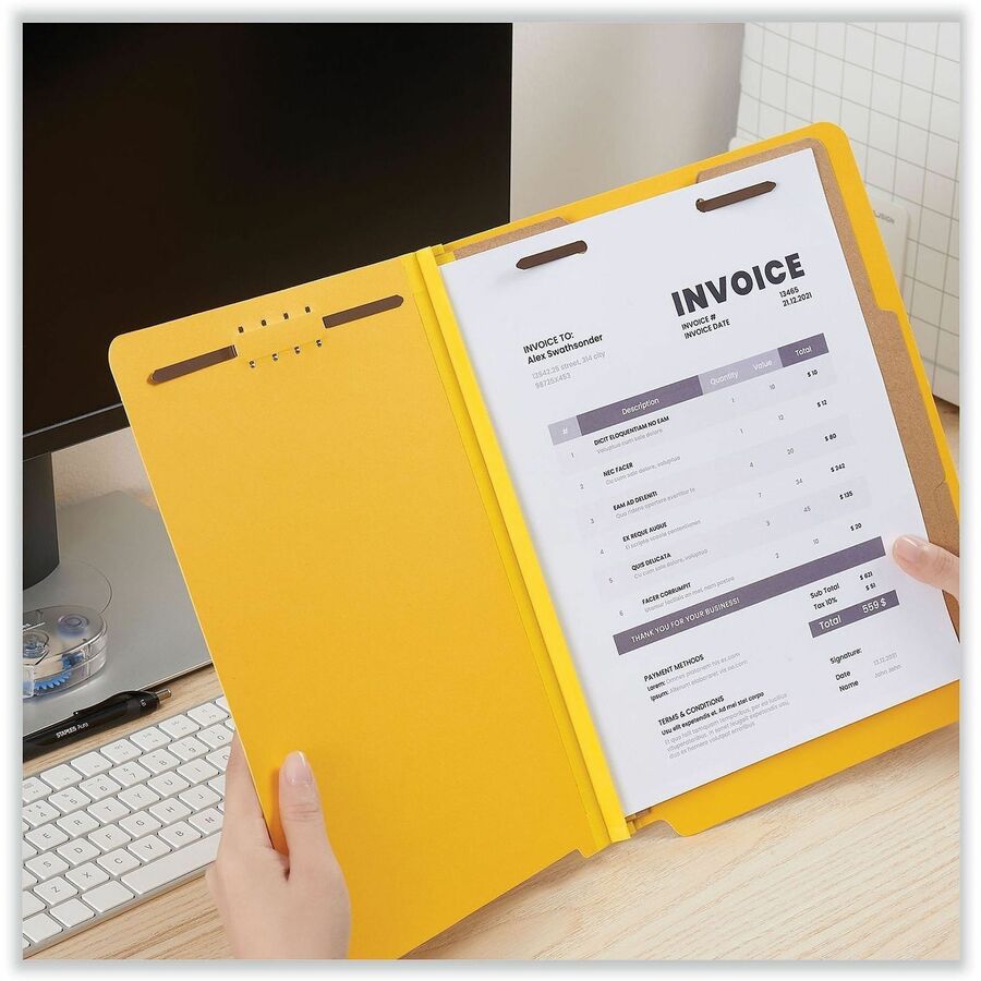 Deluxe Six-Section Pressboard End Tab Classification Folders, 2 Dividers, 6 Fasteners, Letter Size, Yellow, 10/Box