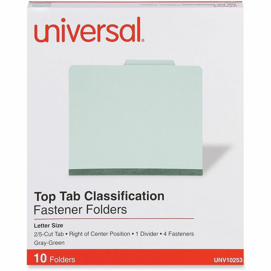 Four-Section Pressboard Classification Folders, 2" Expansion, 1 Divider, 4 Fasteners, Letter Size, Gray-Green, 10/Box