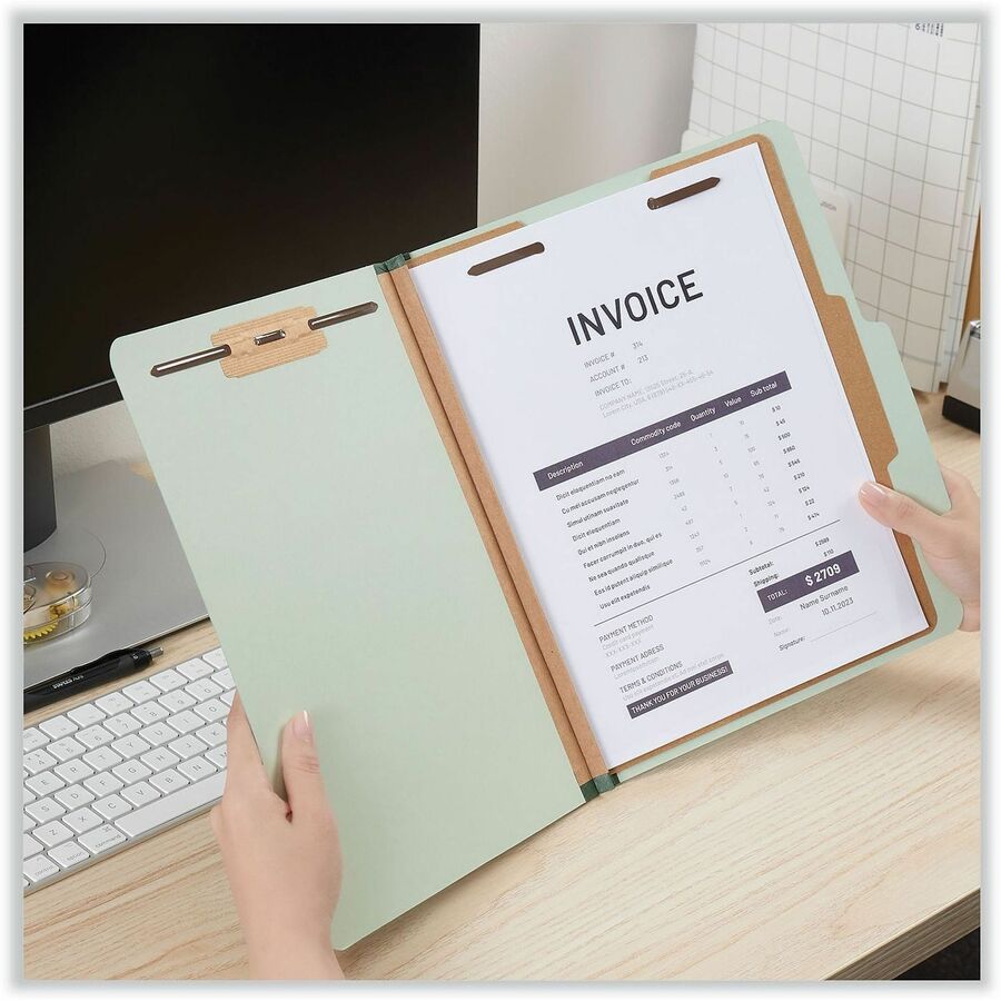 Four-Section Pressboard Classification Folders, 2" Expansion, 1 Divider, 4 Fasteners, Letter Size, Gray-Green, 10/Box