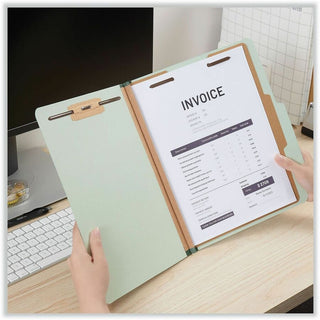 Four-Section Pressboard Classification Folders, 2" Expansion, 1 Divider, 4 Fasteners, Letter Size, Gray-Green, 10/Box