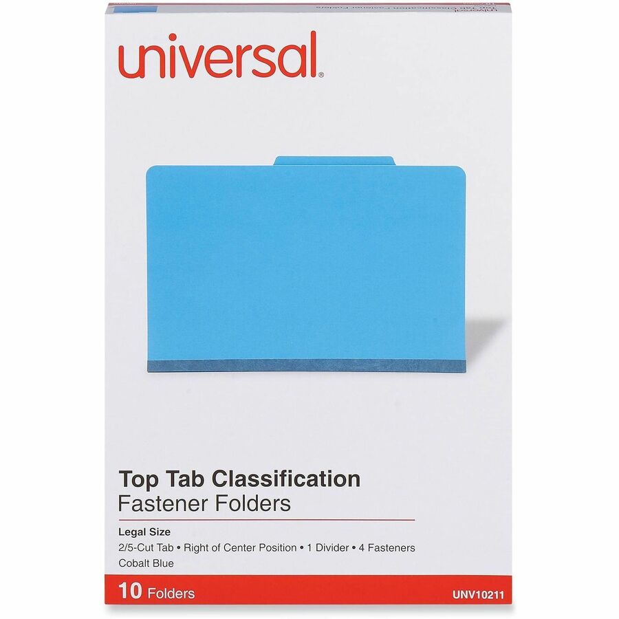 Bright Colored Pressboard Classification Folders, 2" Expansion, 1 Divider, 4 Fasteners, Legal Size, Cobalt Blue, 10/Box