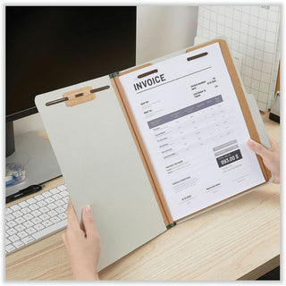 Eight-Section Pressboard Classification Folders, 3" Expansion, 3 Dividers, 8 Fasteners, Letter Size, Gray Exterior, 10/Box