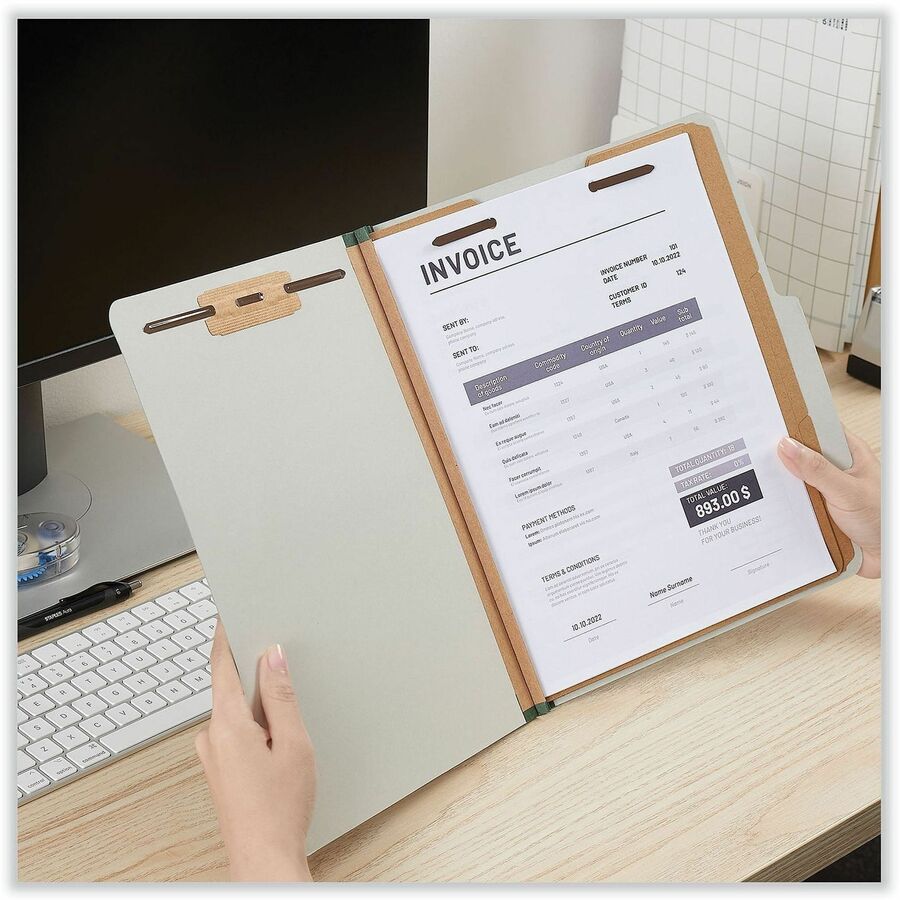 Eight-Section Pressboard Classification Folders, 3" Expansion, 3 Dividers, 8 Fasteners, Letter Size, Gray Exterior, 10/Box