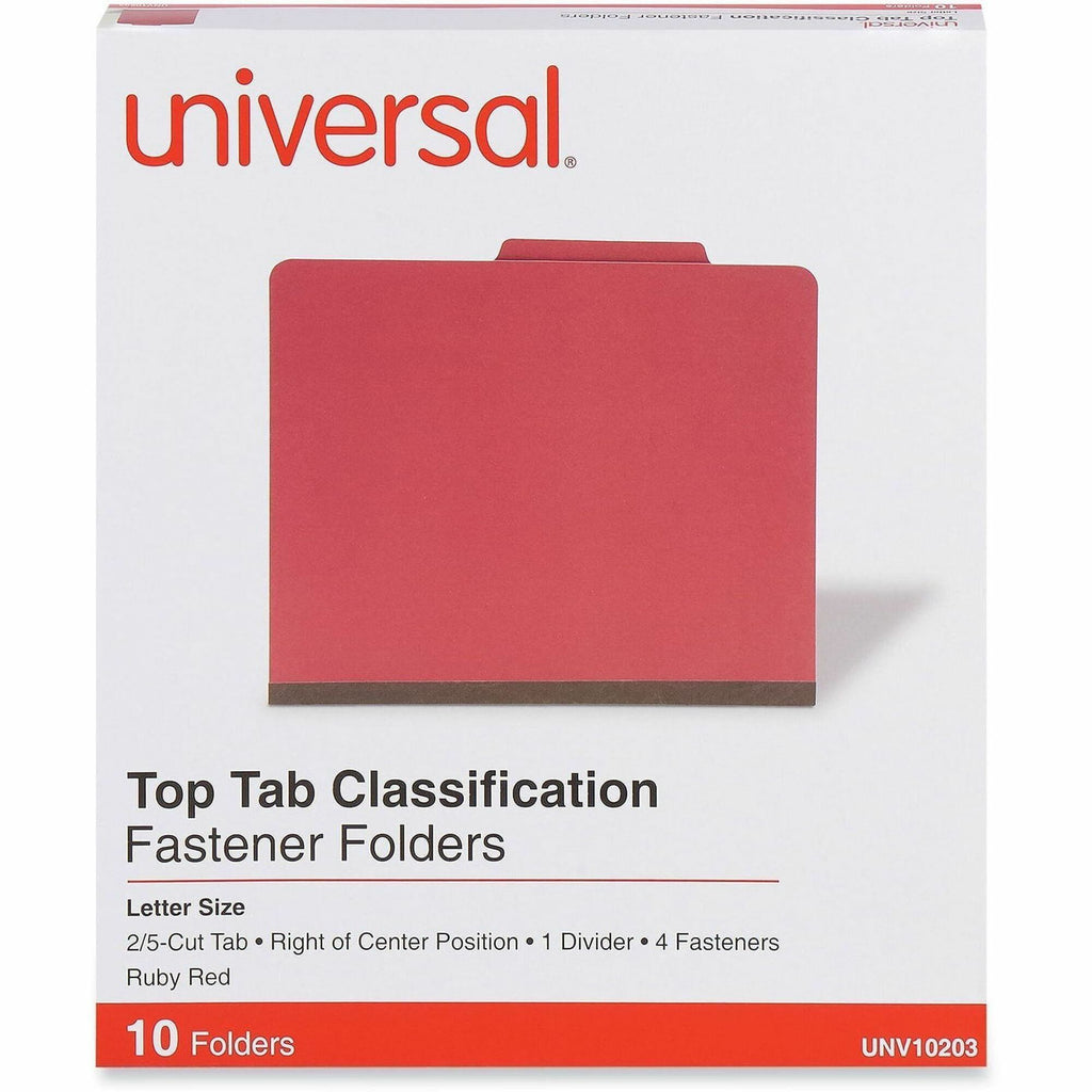 Bright Colored Pressboard Classification Folders, 2" Expansion, 1 Divider, 4 Fasteners, Letter Size, Ruby Red, 10/Box