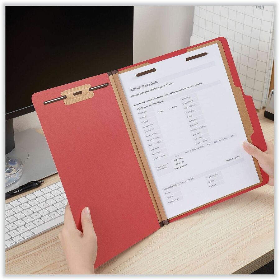 Bright Colored Pressboard Classification Folders, 2" Expansion, 1 Divider, 4 Fasteners, Letter Size, Ruby Red, 10/Box