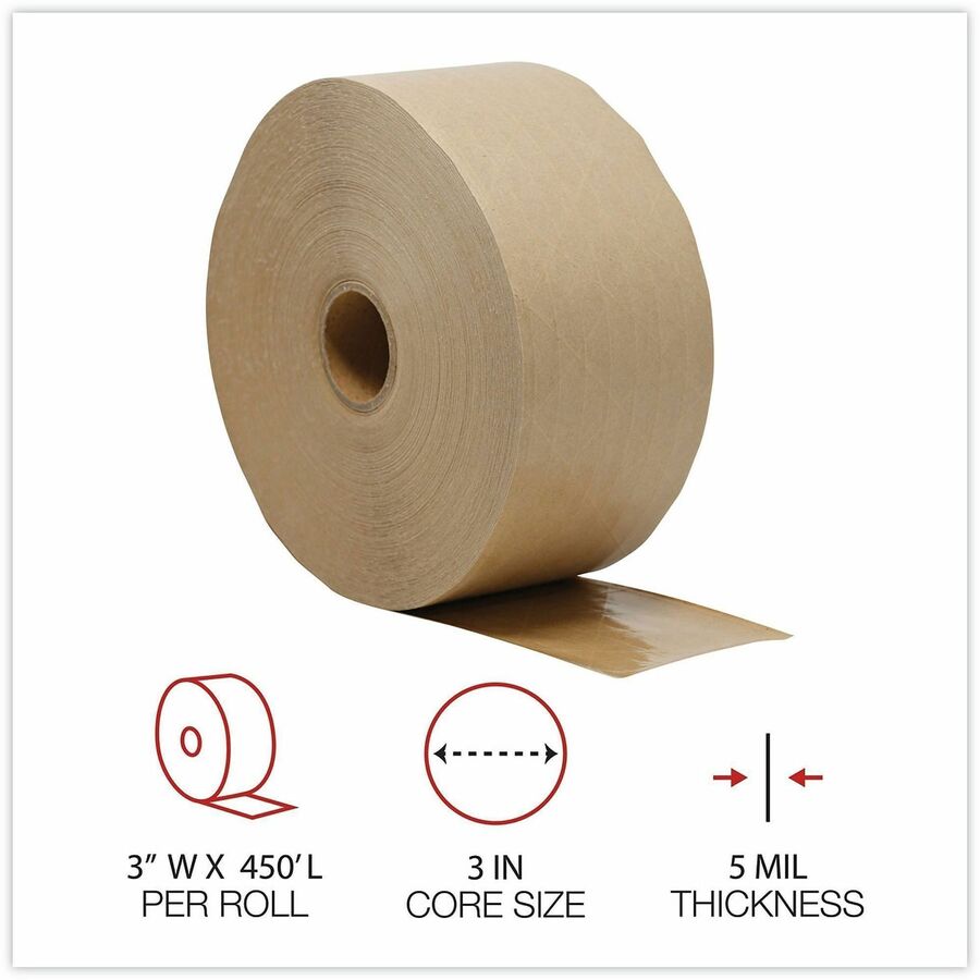 Glass-Fiber Reinforced Gummed Kraft Sealing Tape, 3" Core, 3" x 450 ft, Brown, 10/Carton