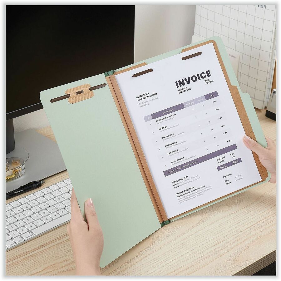 Six-Section Pressboard Classification Folders, 2" Expansion, 2 Dividers, 6 Fasteners, Letter Size, Gray-Green, 10/Box
