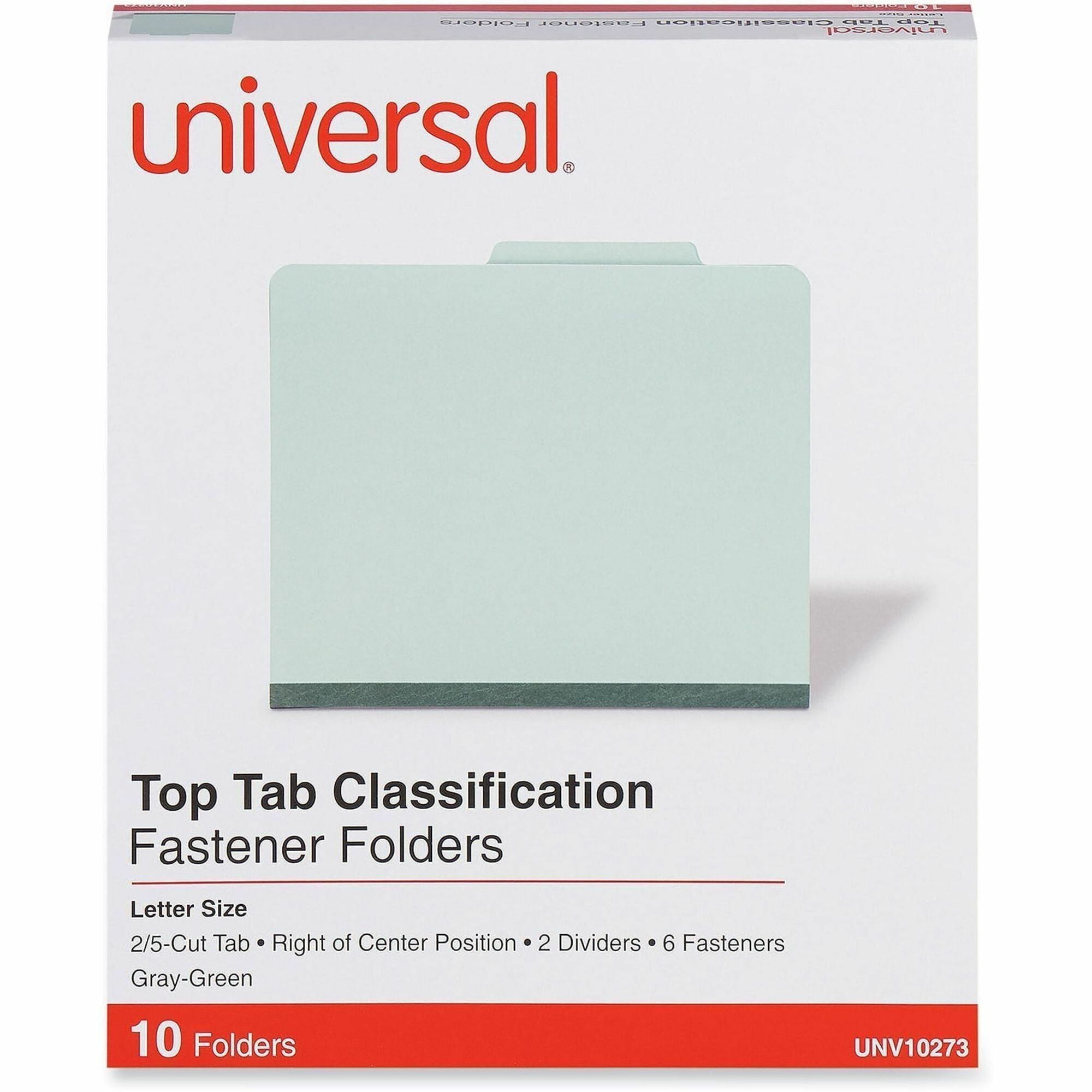 Six-Section Pressboard Classification Folders, 2" Expansion, 2 Dividers, 6 Fasteners, Letter Size, Gray-Green, 10/Box