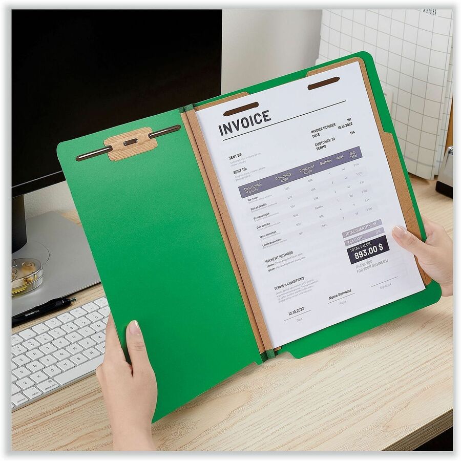 Deluxe Six-Section Pressboard End Tab Classification Folders, 2 Dividers, 6 Fasteners, Letter Size, Green, 10/Box