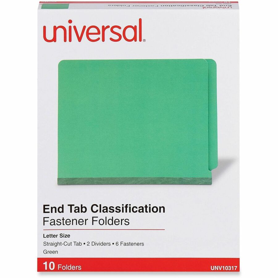 Deluxe Six-Section Pressboard End Tab Classification Folders, 2 Dividers, 6 Fasteners, Letter Size, Green, 10/Box