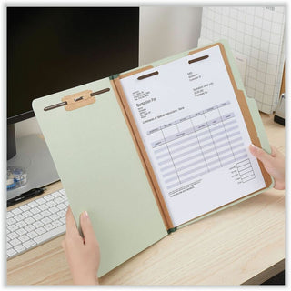 Six-Section Pressboard Classification Folders, 2" Expansion, 2 Dividers, 6 Fasteners, Letter Size, Green Exterior, 10/Box
