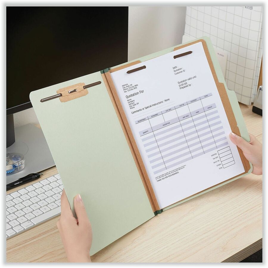 Six-Section Pressboard Classification Folders, 2" Expansion, 2 Dividers, 6 Fasteners, Letter Size, Green Exterior, 10/Box