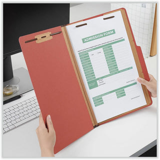 Eight-Section Pressboard Classification Folders, 3" Expansion, 3 Dividers, 8 Fasteners, Legal Size, Red Exterior, 10/Box